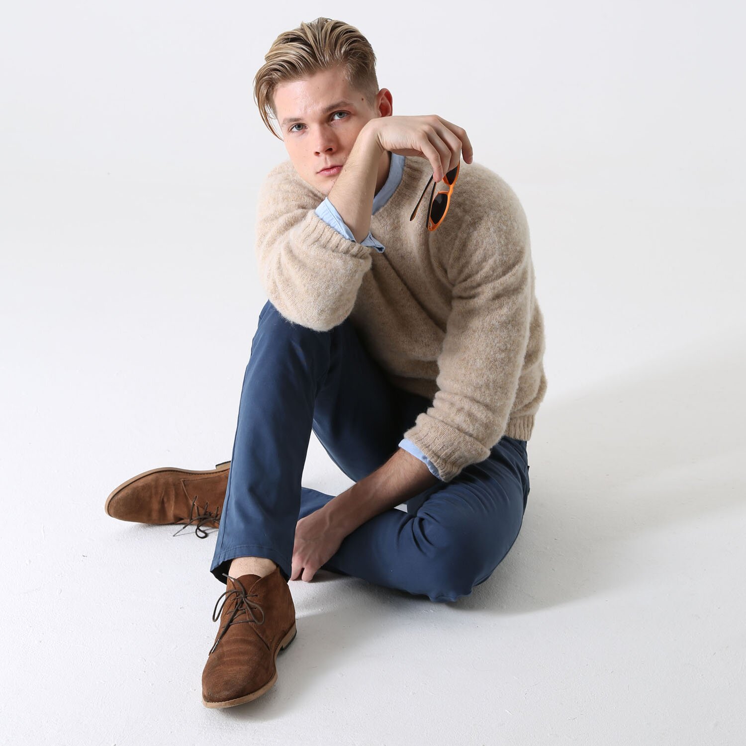 T-lab Coll mens knitwear brushed sand pose T-lab Coll mens knitwear brushed sand