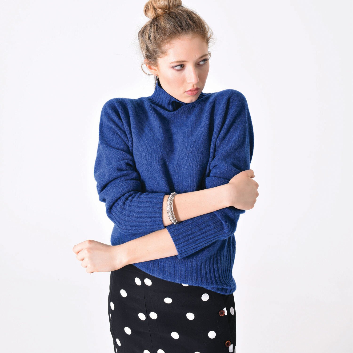 T-lab Skye womens knitwear indigo model closeup T-lab Skye womens knitwear indigo